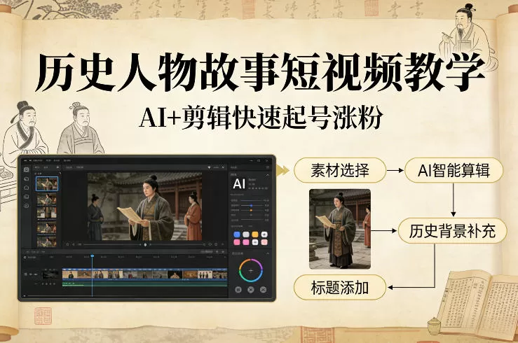 历史人物故事短视频教学，AI+剪辑制作历史人物题材短视频，快速起号涨粉我爱资源网-www.52zy.xyz我爱资源网