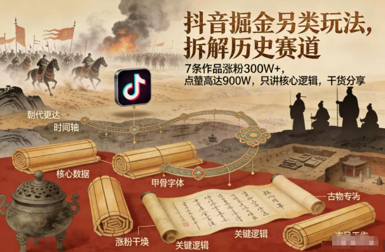 抖音掘金另类玩法，拆解历史赛道，7条作品涨粉300W+，点赞量高达900W，只讲核心逻辑，干货分享我爱资源网-www.52zy.xyz我爱资源网