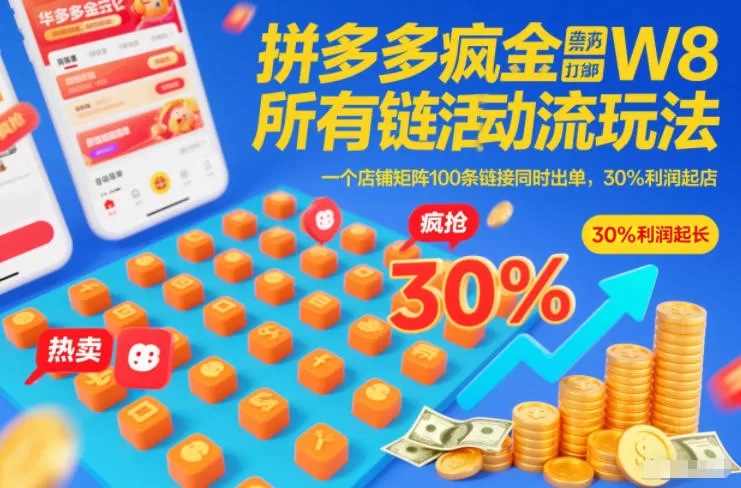 拼多多疯狂活动流玩法,所有链接全部打标,一个店铺矩阵100条链接同时出单,30%利润起店我爱资源网-www.52zy.xyz我爱资源网