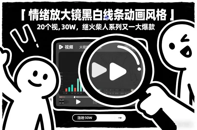 情绪放大镜黑白线条动画风格，20个视频，涨粉30W，继火柴人系列又一大爆款我爱资源网-www.52zy.xyz我爱资源网