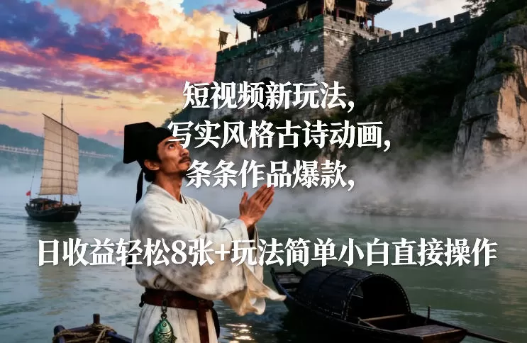 短视频新玩法，写实风格古诗动画，条条作品爆款，日收益轻松8张+玩法简单小白直接操作我爱资源网-www.52zy.xyz我爱资源网