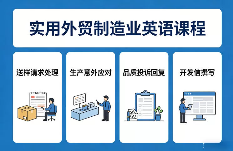 实用外贸制造业英语课程，教你专业处理送样请求、应对生产意外、回复品质投诉、撰写开发信等我爱资源网-www.52zy.xyz我爱资源网